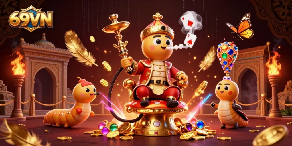Engage with 69VN's vibrant gambling experience featuring a whimsical caterpillar on a golden throne.
