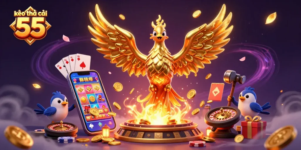 Experience the excitement of kèo nhà cái 55 with this vibrant scene showcasing a molten phoenix and interactive gaming elements.