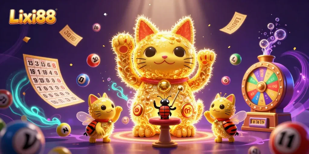 Lixi88 offers vibrant lottery excitement with a giant waving lucky cat and colorful balls.