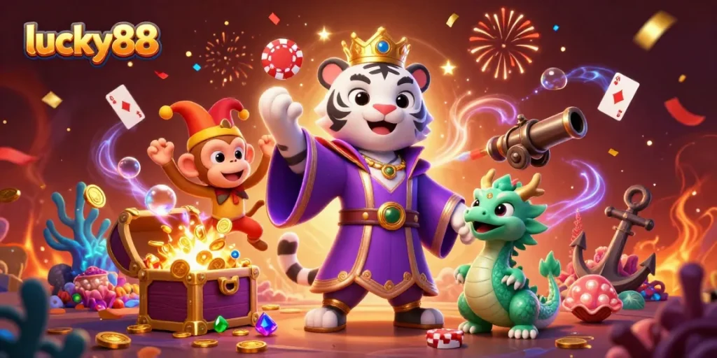 Experience the excitement of lucky88 with a vibrant 3D illustration featuring a royal tiger and playful monkey in a casino setting.
