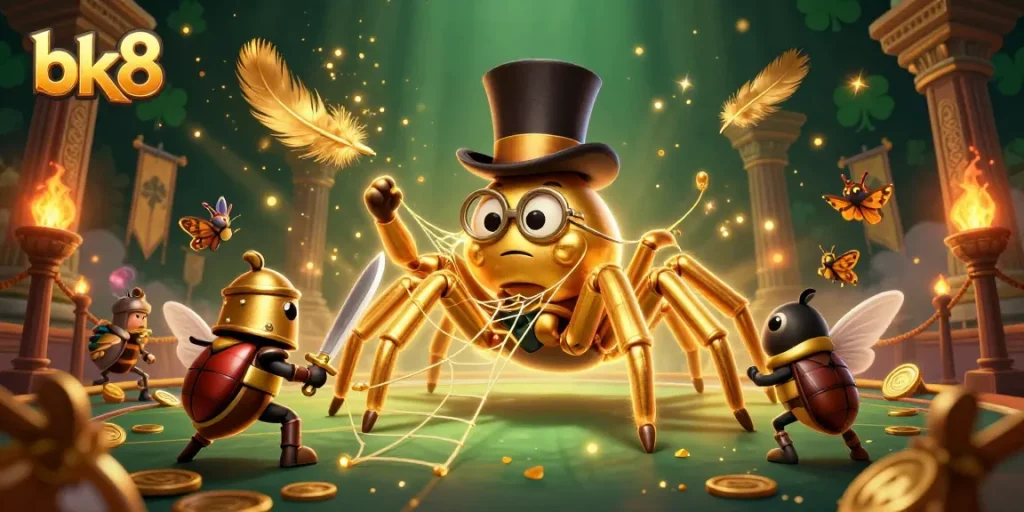 Engage in adventures at bk8 with a giant golden tarantula weaving luck in a lively casino scene.