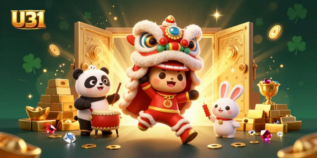 U31 captures the thrill of gaming with a lively presentation featuring a lion dance, drumming panda, and treasure elements.