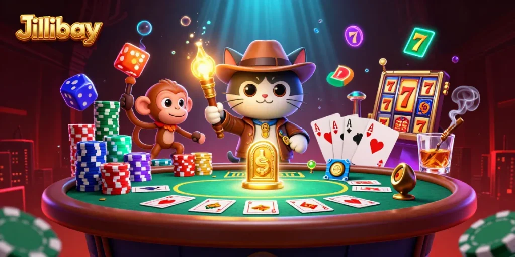 Jilibay ignites excitement as a cat archaeologist uncovers golden casino treasures amidst vibrant casino elements.
