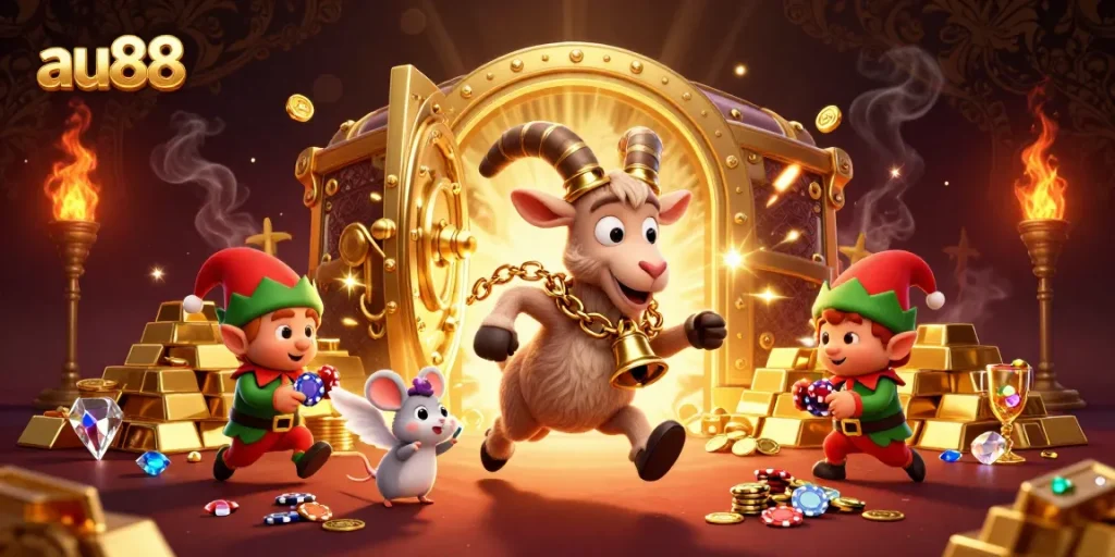 Bet at AU88 inside a vibrant casino with festive characters and overflowing treasures.