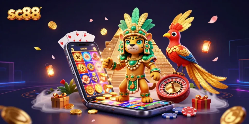 Spin the reels of slots at sc88 with vibrant colors and enchanting characters in a dynamic casino scene.