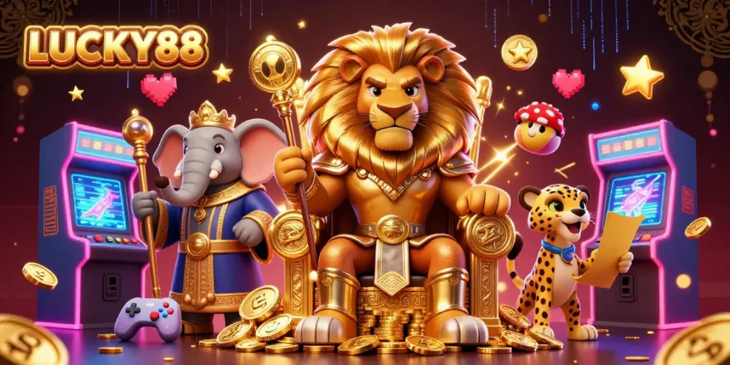 Experience the excitement of LUCKY88 with a dynamic scene of a lion king, elephant advisor, and cheetah messenger.