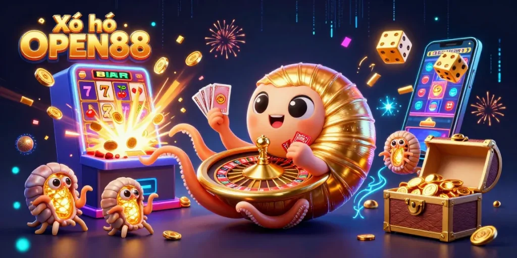 Experience the excitement of Xổ số OPEN88 with vibrant 3D illustrations showcasing thrilling lottery themes.