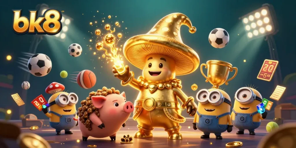 Experience the magic of bk8 with a golden wizard, pig familiar, and vibrant sports elements in a dynamic illustration.