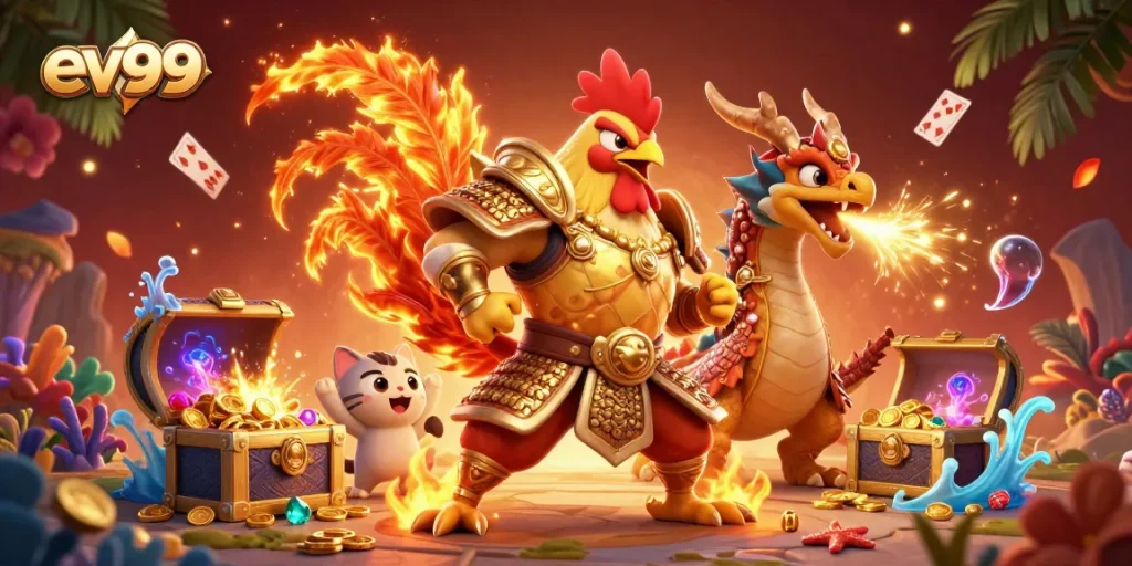 Engage with ev99's thrilling fighting rooster and dragon duo amidst glimmering treasure and vibrant casino elements.