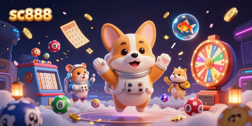 Play sc888 with an astronaut corgi and colorful lottery balls floating in a vibrant casino scene.