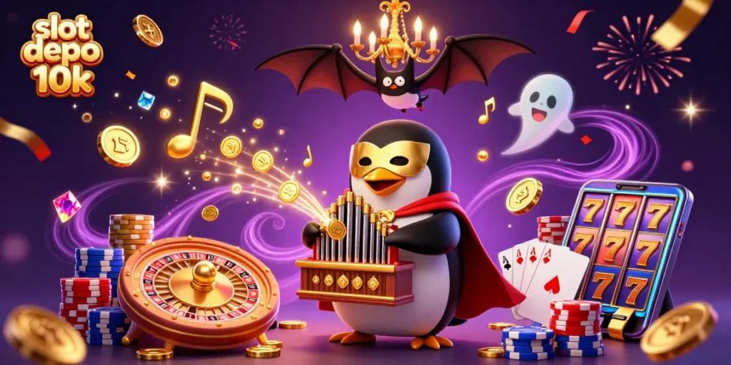 Play and win big with slot depo 10k featuring 3D cartoon penguin and dazzling casino elements.