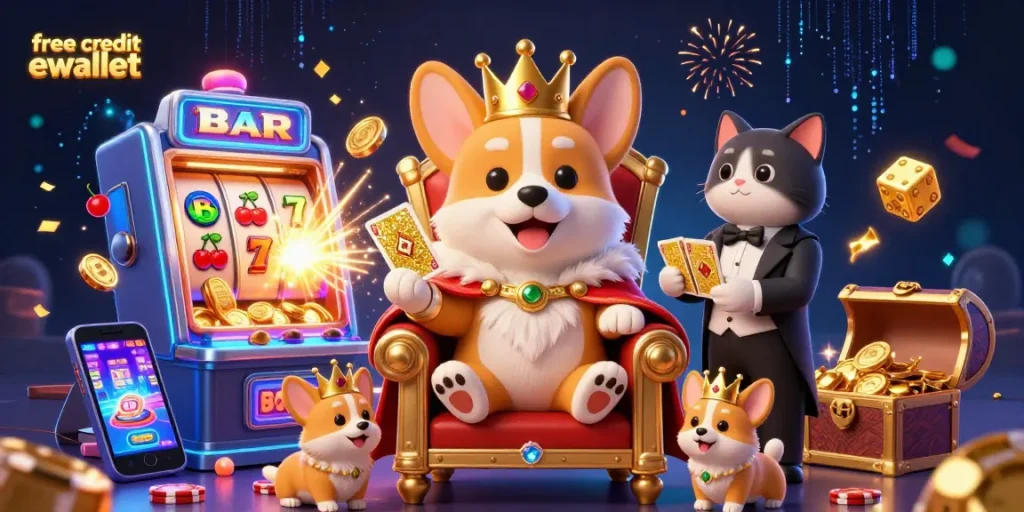 Engage with the royal corgi and cat butler at the casino in this vibrant illustration showcasing free credit ewallet opportunities.