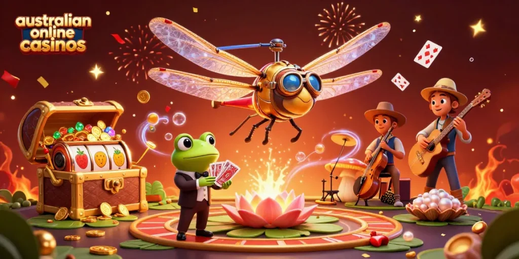 Engage in vibrant australian online casinos with a dragonfly pilot and lively casino scenes.