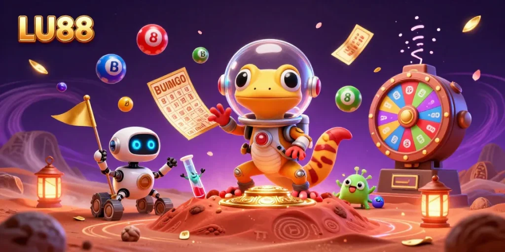 LU88 Martian gecko discovering a golden casino amidst colorful lottery balls in an exciting gaming scene.
