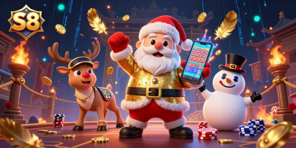 S8 offers thrilling gambling experiences with a festive Santa in a casino, showcasing jackpot slots and festive friends.