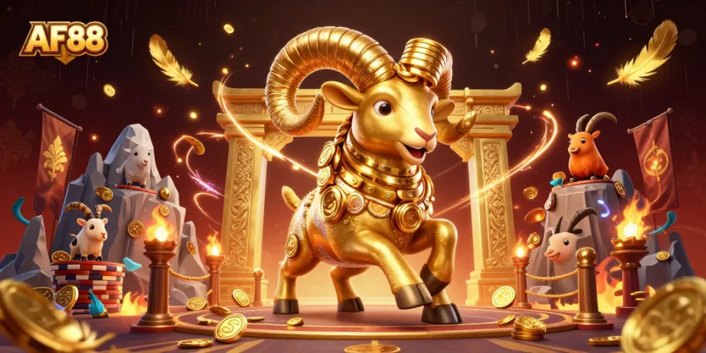 Experience the thrill of AF88 with a golden ram charging through a dynamic casino scene filled with excitement and betting tokens.