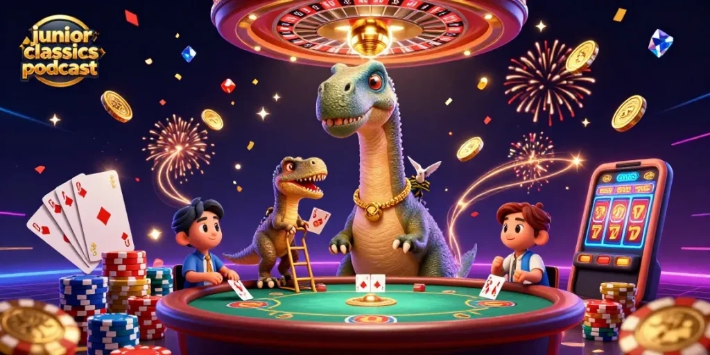 Juniorclassicspodcast menampilkan karakter 3D dalam suasana kasino yang meriah dengan efek luar biasa.