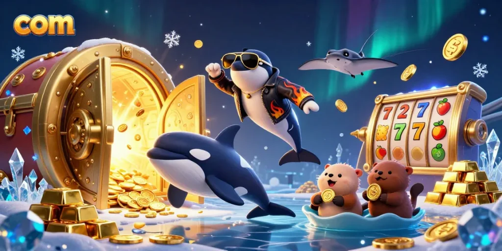 Experience winning moments with com, featuring a dynamic illustration of sea creatures amidst slot reels and gold coins.