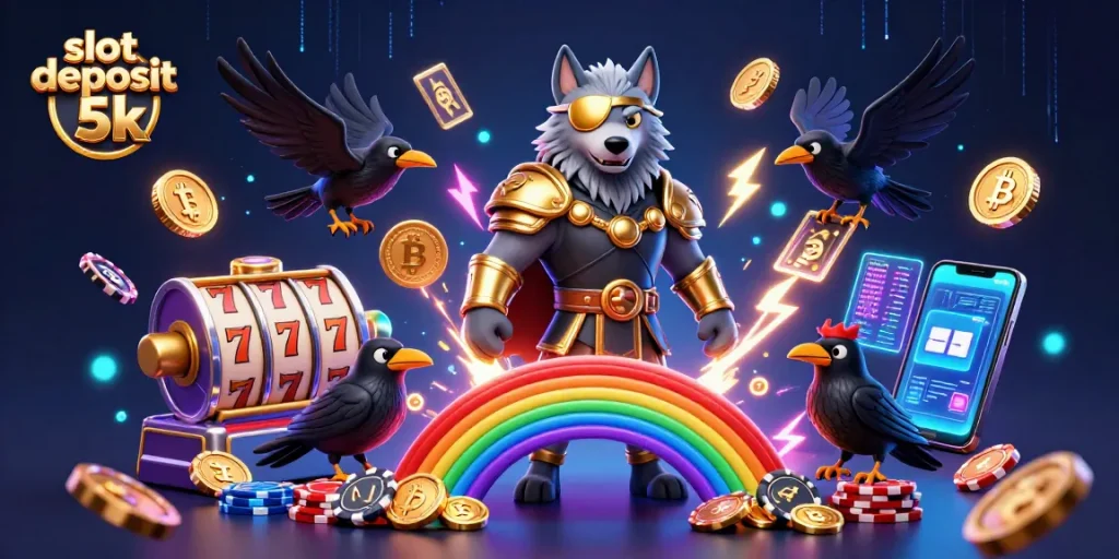 Engage with the vibrant scene of slot deposit 5k featuring Odin and ravens, glowing coins, and stunning casino elements.