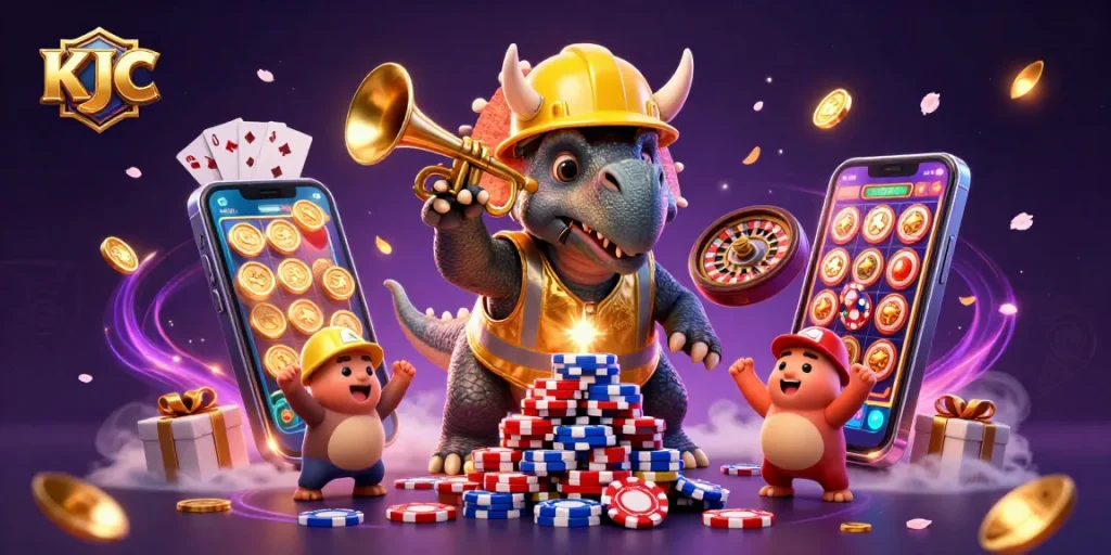KJC brings excitement as a triceratops builds poker chips amid a vibrant casino scene.