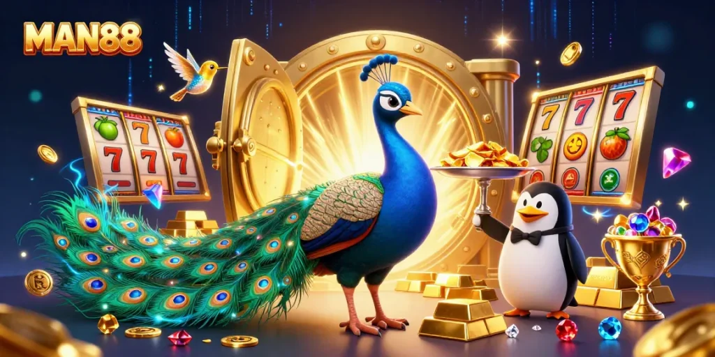 Experience excitement with MAN88's vibrant casino atmosphere packed with colorful rewards and characters.