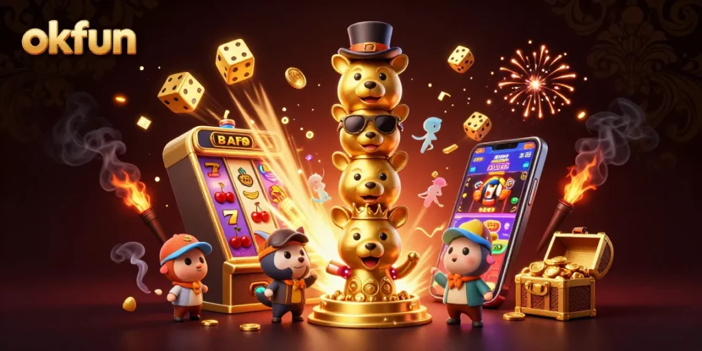 Experience the thrill of okfun with a vibrant 3D casino scene bursting with excitement and energy!