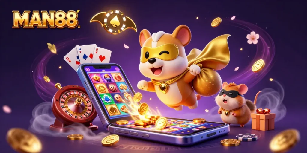 Experience the thrill of MAN88 as the superhero dog flies, bringing forth gold coins and poker chips!
