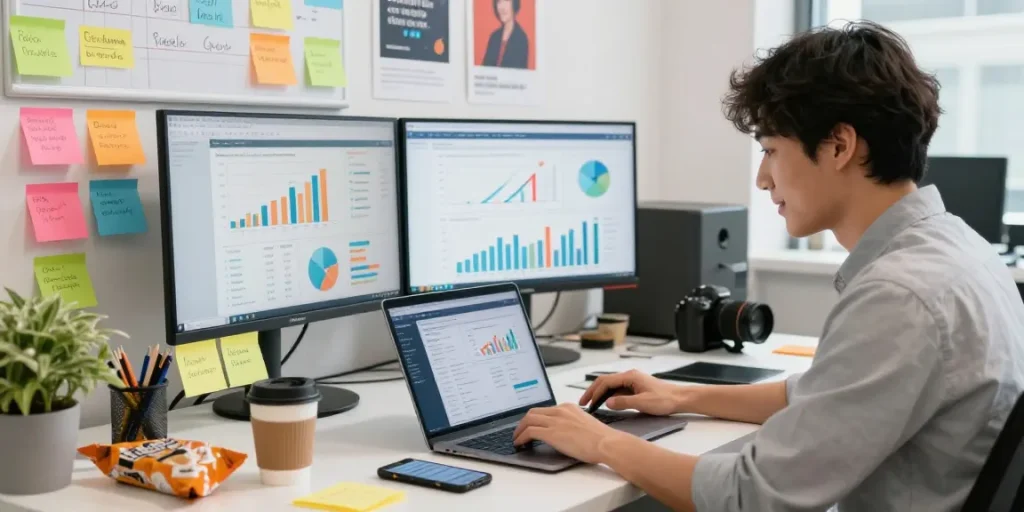 Kantor pemasaran digital aktif dengan GEGESLOT di layar, profesional muda mengelola konten media sosial.