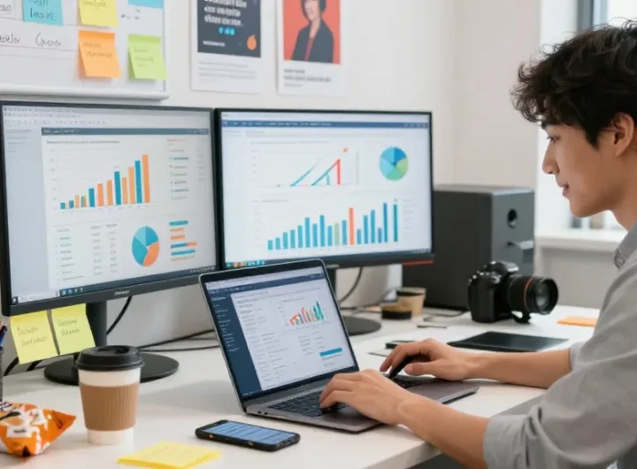 Kantor pemasaran digital aktif dengan GEGESLOT di layar, profesional muda mengelola konten media sosial.