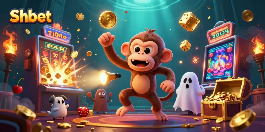 Experience the thrill at Shbet with a mischievous monkey juggling gold in a vibrant casino scene.