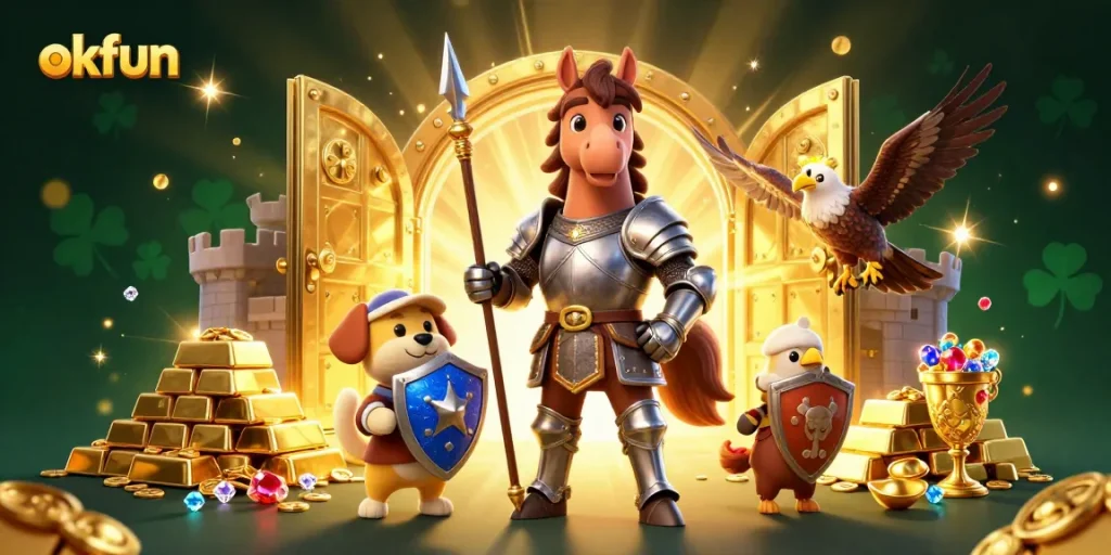 Engage with the okfun gaming world featuring a knight, squire puppy, and treasure in a vibrant 3D scene.