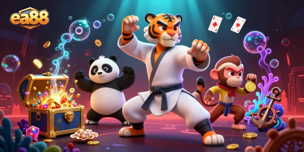 ea88 immerses players in a vibrant casino adventure with a kung fu tiger and his panda disciple in action.