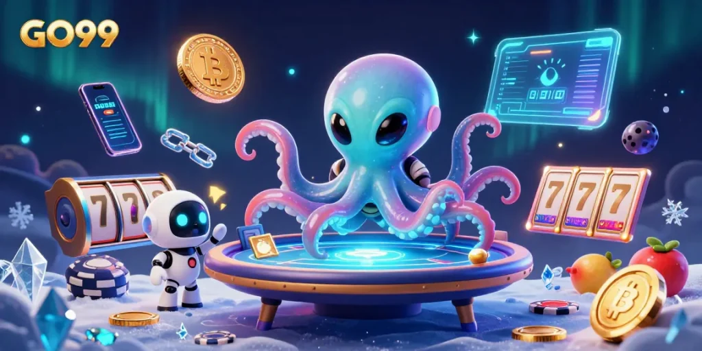 Engage with GO99's cosmic gambling scene featuring an alien octopus and crypto-themed elements.
