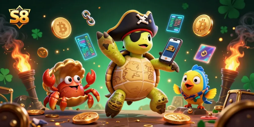 S8 engages players with a vivid 3D pirate-themed casino illustration filled with exciting game elements.