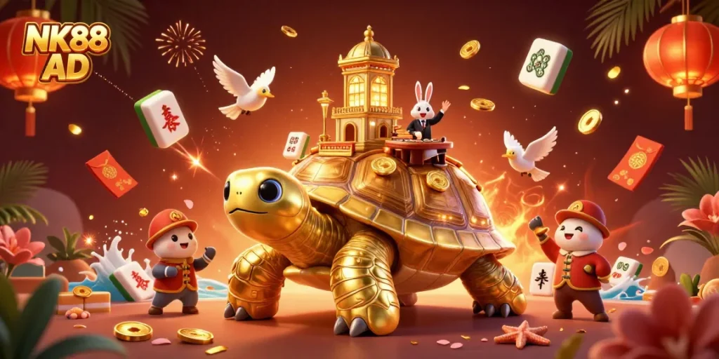 Play exciting games at NK88 AD with a vibrant 3D illustration showcasing thrilling casino elements.