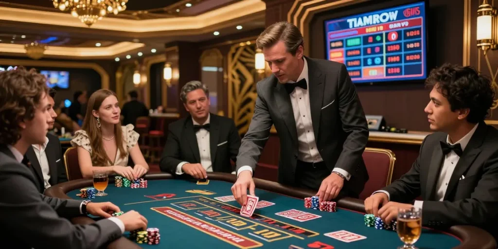 Exciting 78win casino scene with dealer engaging players at luxurious gaming table, vibrant atmosphere.
