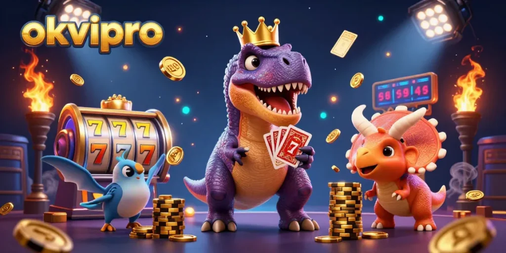 Engage with okvipro as a T-Rex shuffles cards with a pterodactyl assistant amidst dynamic slot game elements.