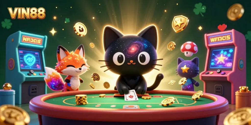 Engage with thrilling casino action at VIN88, featuring a cosmic black hole cat and nebula fox in a vibrant gaming scene.