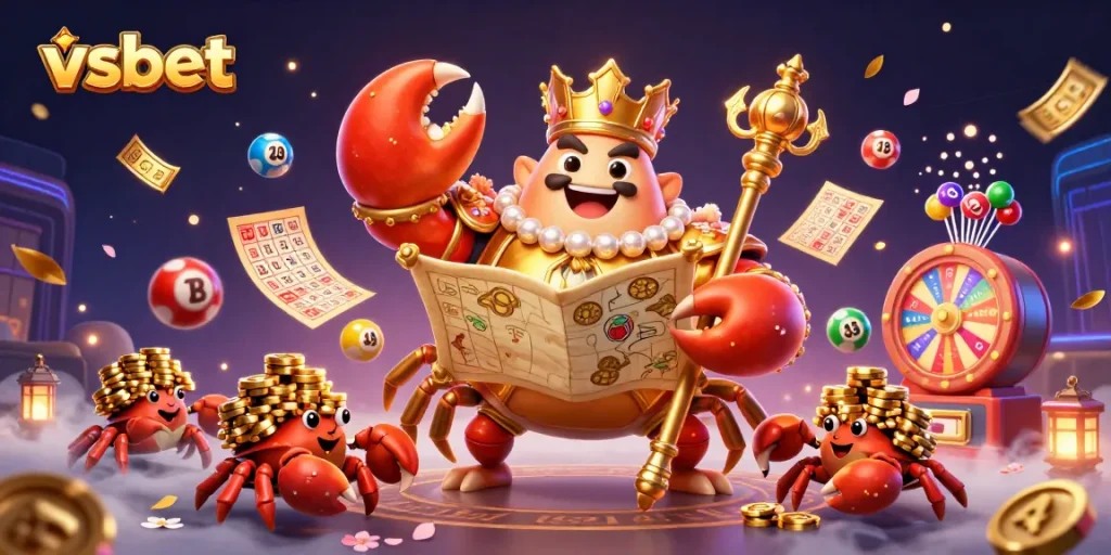 Engage with vsbet's exciting lottery scene featuring a golden crab emperor and vibrant game elements.