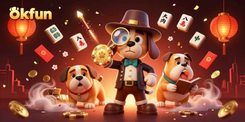 Engage with okfun's thrilling atmosphere through a detective-themed 3D casino illustration.