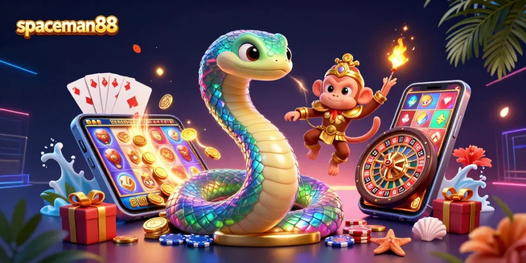 Engage with spaceman88's thrilling 3D gaming scene featuring a rainbow serpent and monkey king.