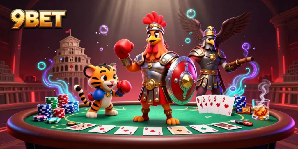 Experience top gaming excitement with 9BET's dynamic 3D casino scene featuring poker action.