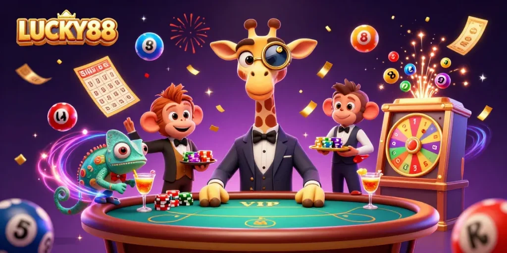 Feel the excitement at LUCKY88 as a high-roller giraffe embraces a VIP poker game, surrounded by dynamic lottery elements.