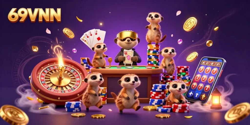 Experience the excitement at 69VNN as meerkats manage an elaborate casino with stunning 3D gaming elements.