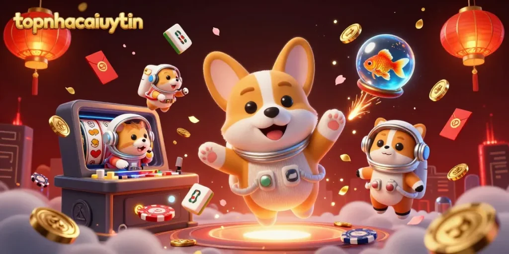 Engage with topnhacaiuytin's exciting space casino scene, featuring floating games and interactive characters.