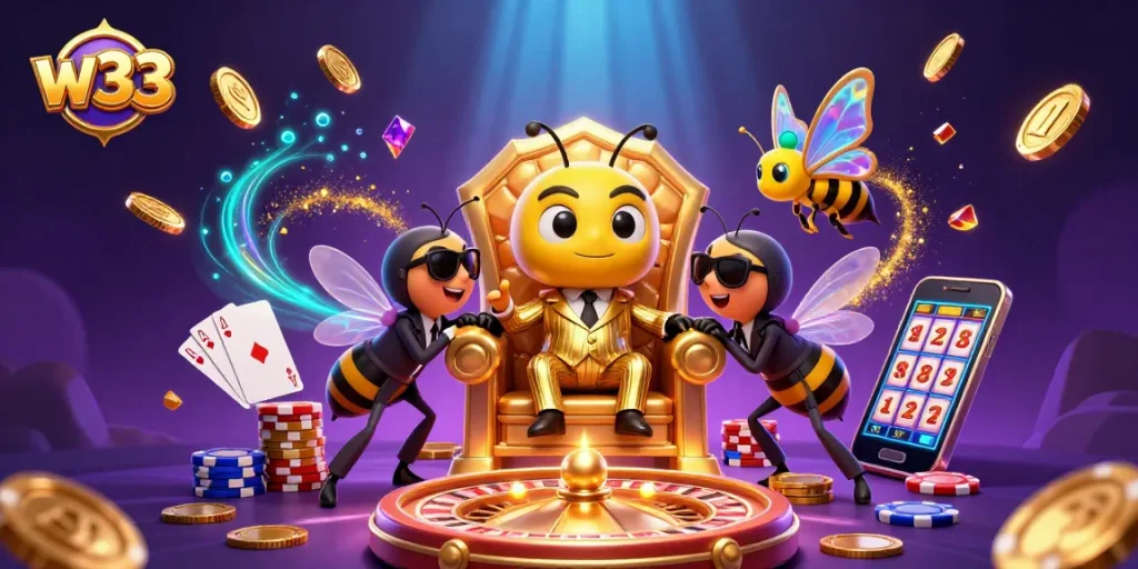 w33 casino illustration featuring a bumblebee mob boss and wasp guards amidst cascading gold coins and dynamic gaming elements.
