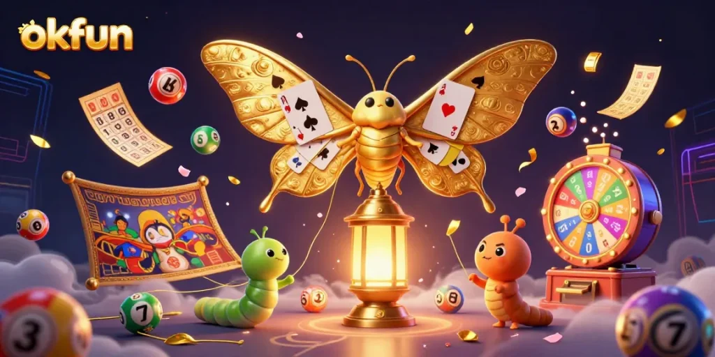 Engage in the excitement of okfun with vibrant lottery balls, golden tickets, and a captivating 3D scene.
