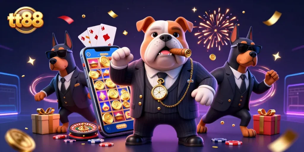 Engage with tt88 through lively slot games and vibrant casino elements in a dynamic 3D scene.