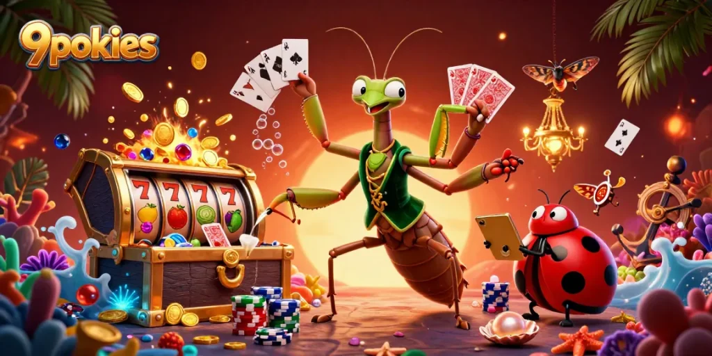 Experience 9pokies action with 3D mantis dealer and vibrant slot game elements