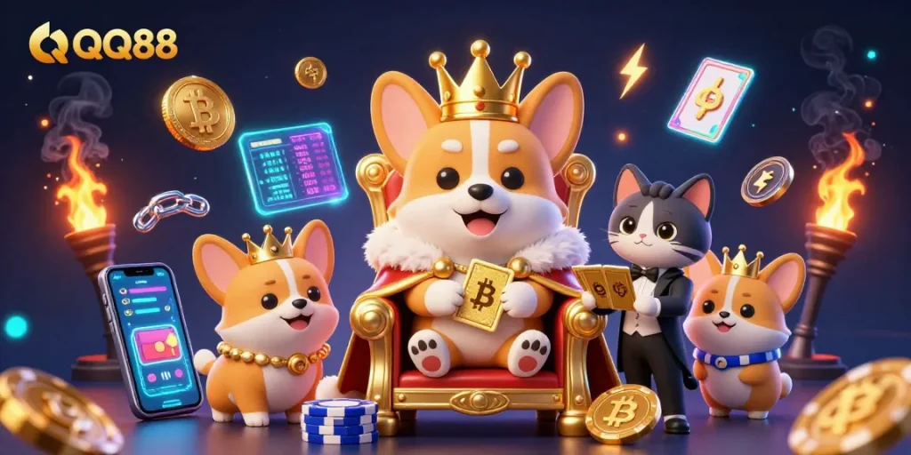 Experience the excitement of QQ88 with a royal corgi and exciting casino elements in this vibrant scene.